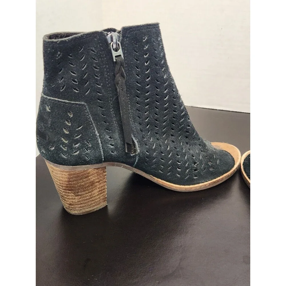 Sz6.5 - Toms Black Suede Perforated Majorca Peep Toe Booties Black Zip Womens